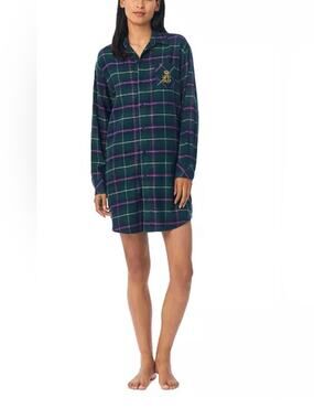 Lauren Ralph Lauren Women's Sz M Green Navy Plaid Button Long-Sleeve Sleepshirt